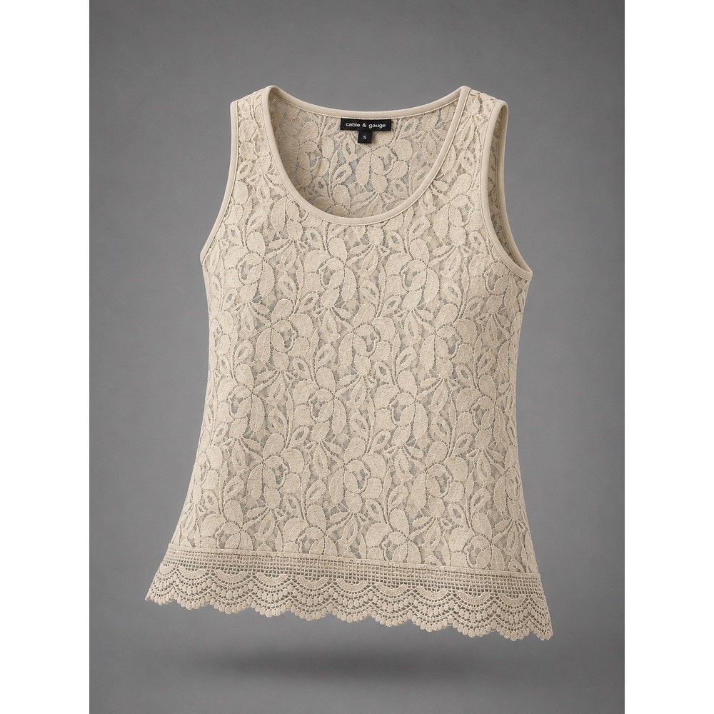 Cable & Gauge Womens XL Beige Floral Lace Sleeveless Shell Top Crochet Hem Tank